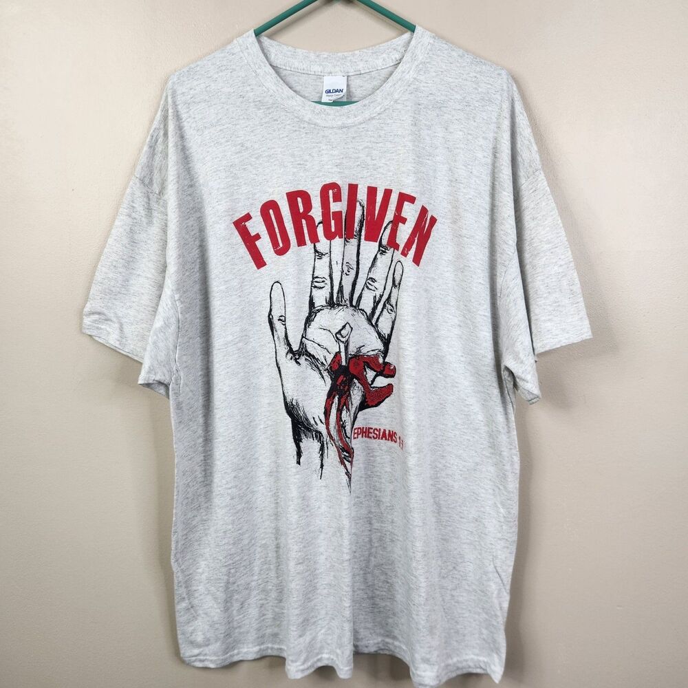 Gildan Mens Forgiven Ephesians 1:7 Jesus Nail Pierced Hands Graphic Tee 2XL